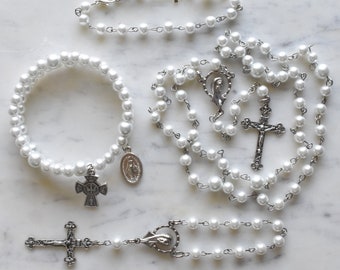 Unique Rosary - Catholic Gift - White Pearl Rosary - St. Maria Goretti