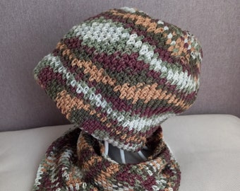 Hat and scarf for a boy camo, forest trapper camouflage, spring military set for a boy, boy's hand crocheted hat and scarf, beanie camo