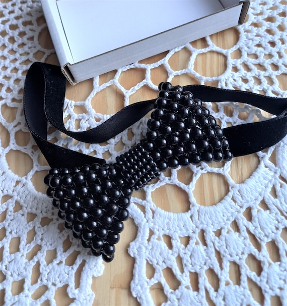 Elegant Black Beaded Bow Tie Sparkly Bowtie for Men | Black Beaded Rhinestone Crystal Bow  main image 2