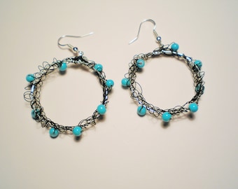 Circle turquoise earrings with beads, Dangling wheels Earrings with turquoise beads,