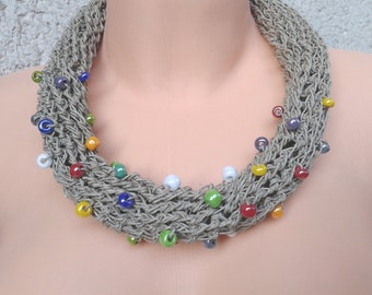 Crocheted Linen Necklace, Colorful Ceramic Beads, Braided Knit