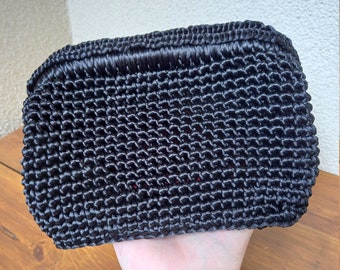 Black Satin Crochet Clutch, Evening Bag, Knitted Clutch, Boho Bag, Handmade Accessories, Gift for Her, Christmas Gifts, Crochet Bag