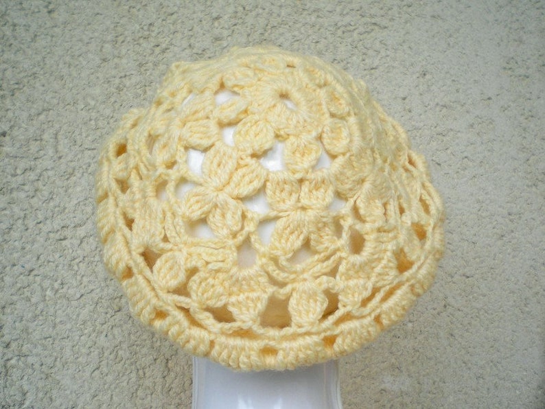 Beret Hat Cream Openwork Crochet