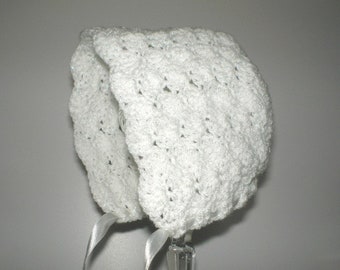 White Crochet Bonnet, Glitter Yarn, Baptism Photography Prop, Newborn Baby Hat