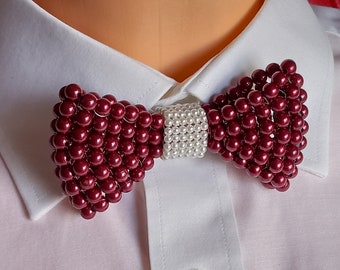 Pearl bow tie for men or women, Burgundy Christmas gift tie, Handmade accessories, Burgundy bridal tie, Burgundy and white pearls