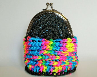 Black and rainbow Purse Crocheted, Small purse, small crochet toiletry bag, Case for headphones smartphone, Crocheted purse, Wallet Key case