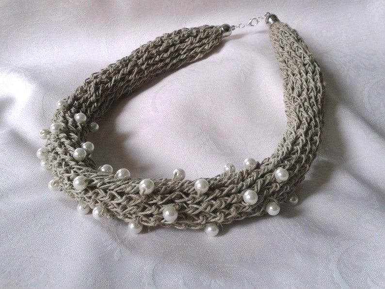 Linen eco necklace and bracelet with white pearls, crochet jewelry, rustic necklace and bracelet, gift for woman, Natural jewelry, image 3