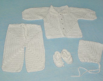 Baby white costume, White baby outfit, boy baptism set sweater pants hat and shoes crochet, newborn coming home, hand crocheted cotton set