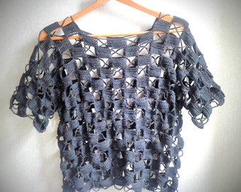 Suéter negro de crochet con rectángulos calados, sudadera de crochet de  algodón negra, rectángulos calados, suéter de mujer hecho a mano, regalo  para