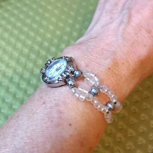 Women's watch with beaded bracelet, Retro watch, silver crystals and white frosted beads, Watch for women, boho style, gift for her