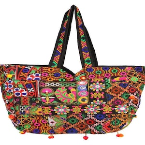 Multi Color Pattern Drawstring Tote Bag for Women, Hmong Embroidered Tote Bag, Boho Tote Bag, Unique Summer Beach Tote Bag