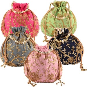 Ensemble de 5 sacs à main en soie faits main pour femme avec poignée, sac à main ethnique brodé pour mariage, fête, cadeau et tenue de fête