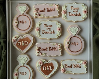 12 Piece Baat Pakki Cookie Set: Initials, Ring, Baat Pakki, Couples Names