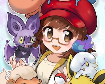 Entrenador Pokémon, arte digital personalizado, A5, medio cuerpo, fondo simple, pintura, retrato, regalo, pareja, mascota, Navidad (hecho a pedido)