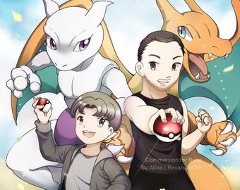 Retrato personalizado de entrenador Pokémon digital A4 de cuerpo entero con fondo simple, pintura por encargo, personaje de anime, familia, pareja y mascota (hecho a pedido)