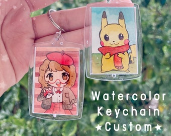 Llavero personalizado de anime chibi con acuarela: Charm con retrato personalizado