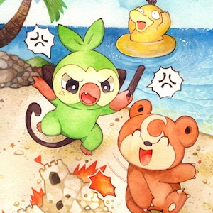 K&ouml;nnte beinhalten: Aquarellillustration von drei Zeichentrickfiguren an einem Strand. Eine gr&uuml;ne Figur mit einem Stock ist w&uuml;tend, w&auml;hrend eine braune Figur gl&uuml;cklich ist. Eine gelbe Figur schwimmt im Meer. Eine Sandburg wird zerst&ouml;rt.
