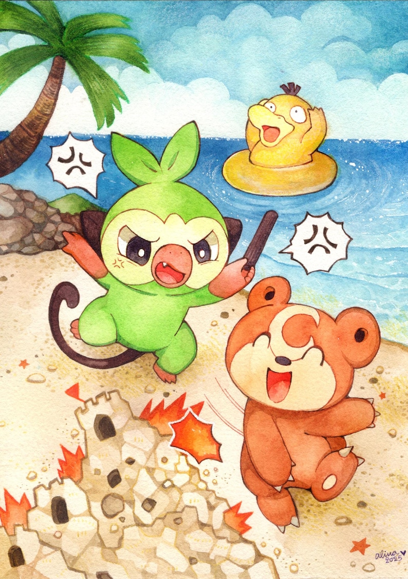 K&ouml;nnte beinhalten: Aquarellillustration von drei Zeichentrickfiguren an einem Strand. Eine gr&uuml;ne Figur mit einem Stock ist w&uuml;tend, w&auml;hrend eine braune Figur gl&uuml;cklich ist. Eine gelbe Figur schwimmt im Meer. Eine Sandburg wird zerst&ouml;rt.