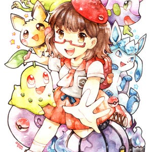 CUSTOM Pokemon Trainer Watercolor A5 Full Body Background Portrait Painting Handmade Art Commission Anime Pet Family Couple (MADE to ORDER)