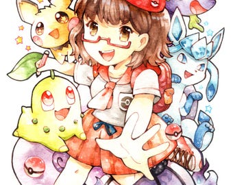Retrato personalizado de entrenador Pokémon en acuarela, tamaño A5, fondo de cuerpo completo, pintura hecha a mano, arte de anime, mascota, familia, pareja (hecho a pedido)
