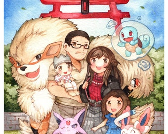 Acuarela de entrenador Pokémon A4, cuerpo completo, fondo detallado personalizado, comisión de pareja de mascotas de anime (HECHO POR ENCARGO)