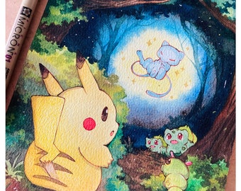 Retrato personalizado de acuarela de Pokémon, mascota peluda, juego de anime TCG, tarjeta estilo método Michi, fondo (hecho a pedido)