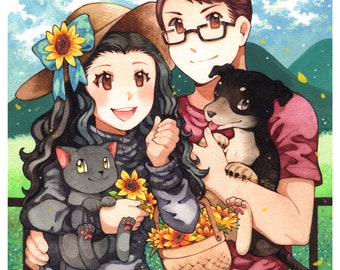 Retrato personalizado de medio cuerpo con fondo de acuarela de Entrenador Pokémon, tamaño A4, por encargo. Personajes: anime, amigos, familia, equipo, pareja, mascota (HECHO POR ENCARGO)