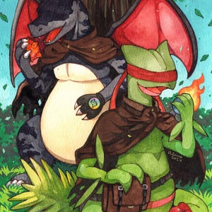 K&ouml;nnte beinhalten: Aquarellillustration von zwei drachenartigen Kreaturen in einer Waldszene. Eines ist dunkelgrau mit roten Fl&uuml;geln, das andere ist gr&uuml;n. Beide tragen braune Umh&auml;nge. Der gr&uuml;ne Drache h&auml;lt eine Flamme. Das Bild ist signiert "Alina 2024".