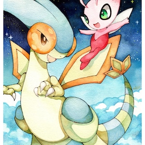 K&ouml;nnte beinhalten: Aquarellillustration von zwei Zeichentrickfiguren vor einem sternenklaren Nachthimmel. Eine ist eine gro&szlig;e, drachenartige Figur mit orangefarbenen und cremefarbenen Farben. Die andere ist eine kleine, rosa feenartige Kreatur mit gr&uuml;nen Augen und ausgestreckten Armen.