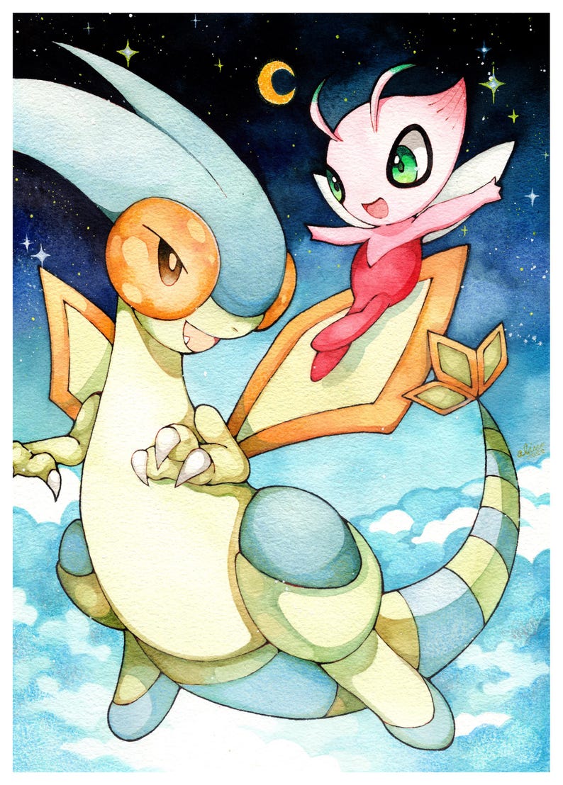 K&ouml;nnte beinhalten: Aquarellillustration von zwei Zeichentrickfiguren vor einem sternenklaren Nachthimmel. Eine ist eine gro&szlig;e, drachenartige Figur mit orangefarbenen und cremefarbenen Farben. Die andere ist eine kleine, rosa feenartige Kreatur mit gr&uuml;nen Augen und ausgestreckten Armen.