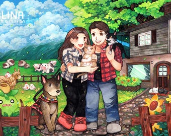 Retrato personalizado de entrenador Pokémon en acuarela, tamaño A3, cuerpo completo, fondo detallado, pintura de anime, regalo hecho a mano, pareja (hecho a pedido)