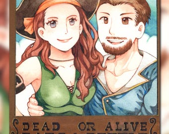 Póster de One Piece Wanted, encargo artístico personalizado, tamaño A5, medio cuerpo, fondo simple, pintura, retrato familiar, mascota, dibujado a mano (hecho a pedido).