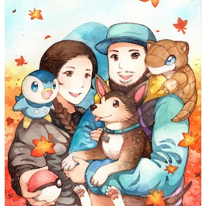 Retrato personalizado de entrenador Pokémon en acuarela tamaño A4 de medio cuerpo con fondo pintado por encargo, para familia, amigos, equipo, pareja y mascota (HECHO A PEDIDO)