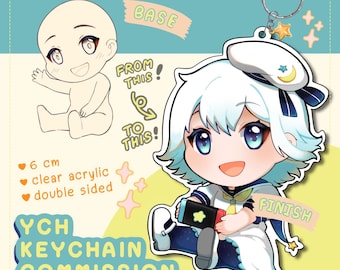 Llavero personalizado de YCH sentado, Chibi sosteniendo un objeto, muñeca, mascota, Pokémon, personaje de anime, 6 cm, dije acrílico (hecho a pedido)
