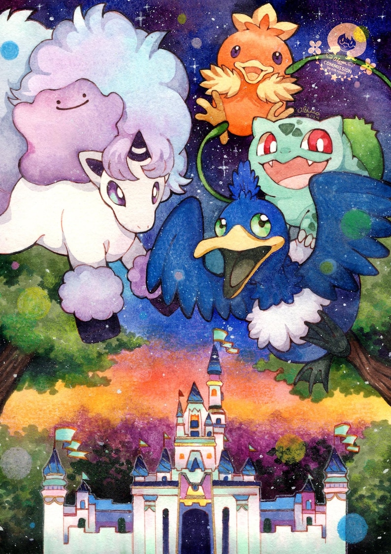 K&ouml;nnte beinhalten: Aquarellillustration mit Cartoonfiguren, darunter ein blauer Vogel und ein gr&uuml;ner Dinosaurier, vor dem Hintergrund eines Schlosses und eines Sternenhimmels. Das Bild hat eine lebendige, farbenfrohe &Auml;sthetik.