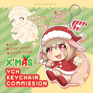 CUSTOM YCH Christmas Keychain Commission Chibi Santa Claus Gift Decoration Anime Character Double-Sided 6 cm Charm Acrylic ( Made to ORDER )