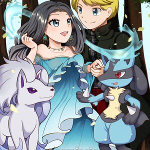 CUSTOM Pokemon Trainer Digital A5 Full Body Art Background Portrait Painting Commission Anime Handmade Family Couple Pet (MADE to ORDER)