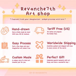 K&ouml;nnte beinhalten: Eine hellrosa Grafik mit dem Text "Revanche 7th Art shop". Das Bild hebt handgezeichnete Kunst, einen einfachen Prozess, ma&szlig;geschneiderte Kunst, zollfreien Versand und weltweiten Versand hervor. Das Bild besagt auch, dass die Kunst ein perfektes Geschenk ist.