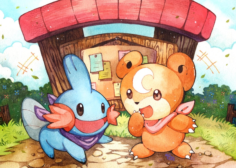 K&ouml;nnte beinhalten: Aquarellillustration von zwei Zeichentrickfiguren, einer blauen und einer orangefarbenen Kreatur, die auf einem Pfad stehen. Die blaue Figur hat einen flossenartigen Kopf und die orangefarbene Figur einen Halbmond auf der Stirn. Im Hintergrund befindet sich eine Holzkonstruktion.
