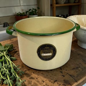 May include: Cream-colored enamelware pot with green trim and handles. The pot features a "Lafayette Quality Ware" label. The pot is sitting on a wooden surface. A sprig of green herbs is in the foreground.