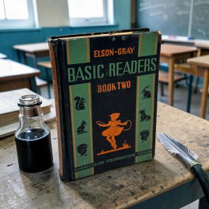 May include: An antique "Elson-Gray Basic Readers Book Two" book with a black cover and green accents, featuring illustrations of animals and a child. Beside it is a glass ink bottle filled with dark ink and a feather quill.
