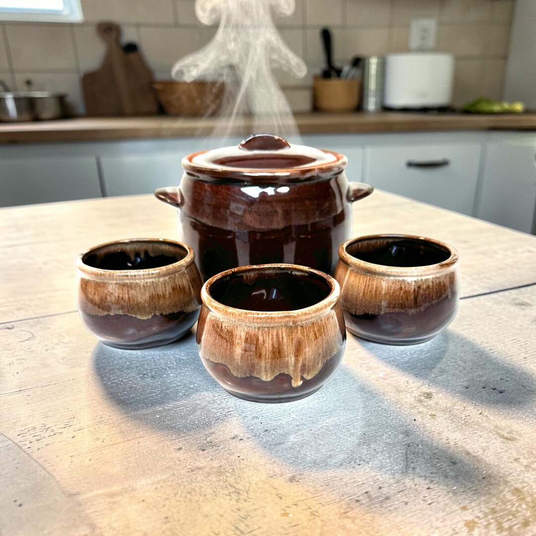 Vintage Rice Pot With Matching Bowls, Ceramic Bean Pot - Etsy
