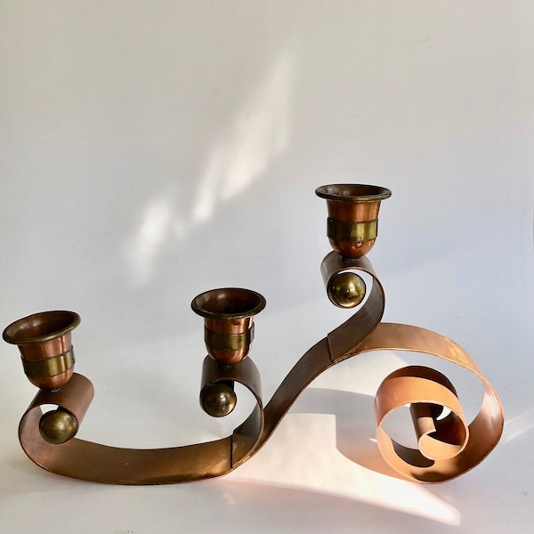 Vintage Taxco Mexico Copper Scroll Candelabra for 3 Candles