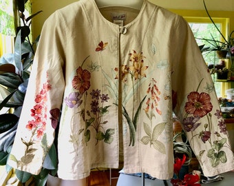 Vintage Touch O' Blue Graphic Wildflower Garden Jacket Beige Cotton SZ PXL