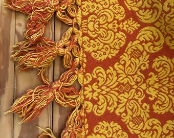 Vintage 1960’s Full/Queen Yellow & Orange Jacquard Tapestry Bedspread with Fringe - Mint- 70" Wide  X  92" Long