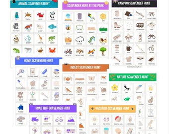 Paquete de búsqueda del tesoro, descarga digital, 8 temas: Naturaleza, Vacaciones, Hogar, Acampada, Insectos, Viaje por carretera, Animales y Parque. ¡Diversión! ¡Juegos!