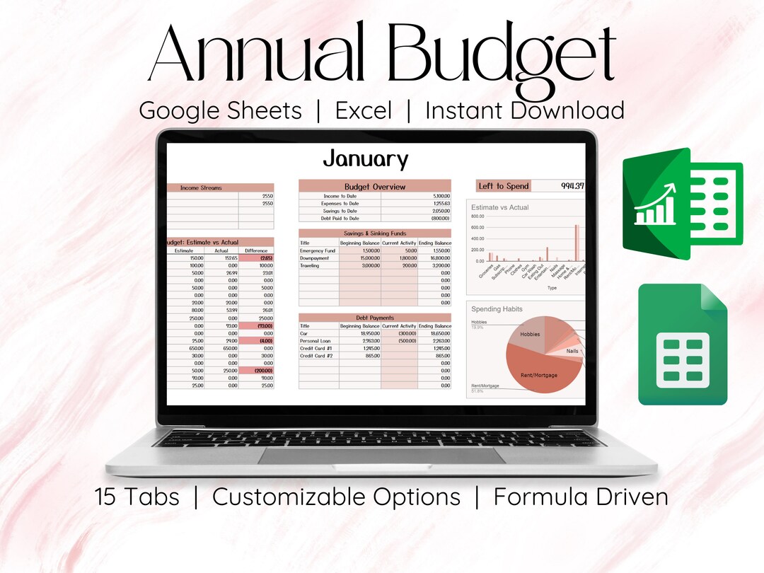 Annual Budget Spreadsheet Budget Google Sheets Monthly Budget Planner ...