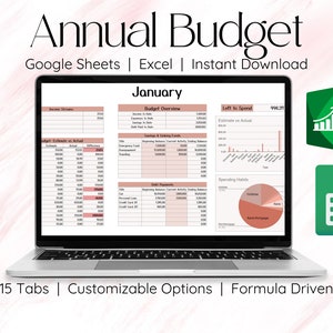 May include: A laptop computer displaying a spreadsheet with the title "Annual Budget" and the month "January". The spreadsheet is designed for budgeting and includes sections for income, expenses, savings, and debt. The laptop is on a pink and white background with the text "15 Tabs | Customizable Options | Formula Driven" below it. The image also includes icons for Google Sheets and Excel.