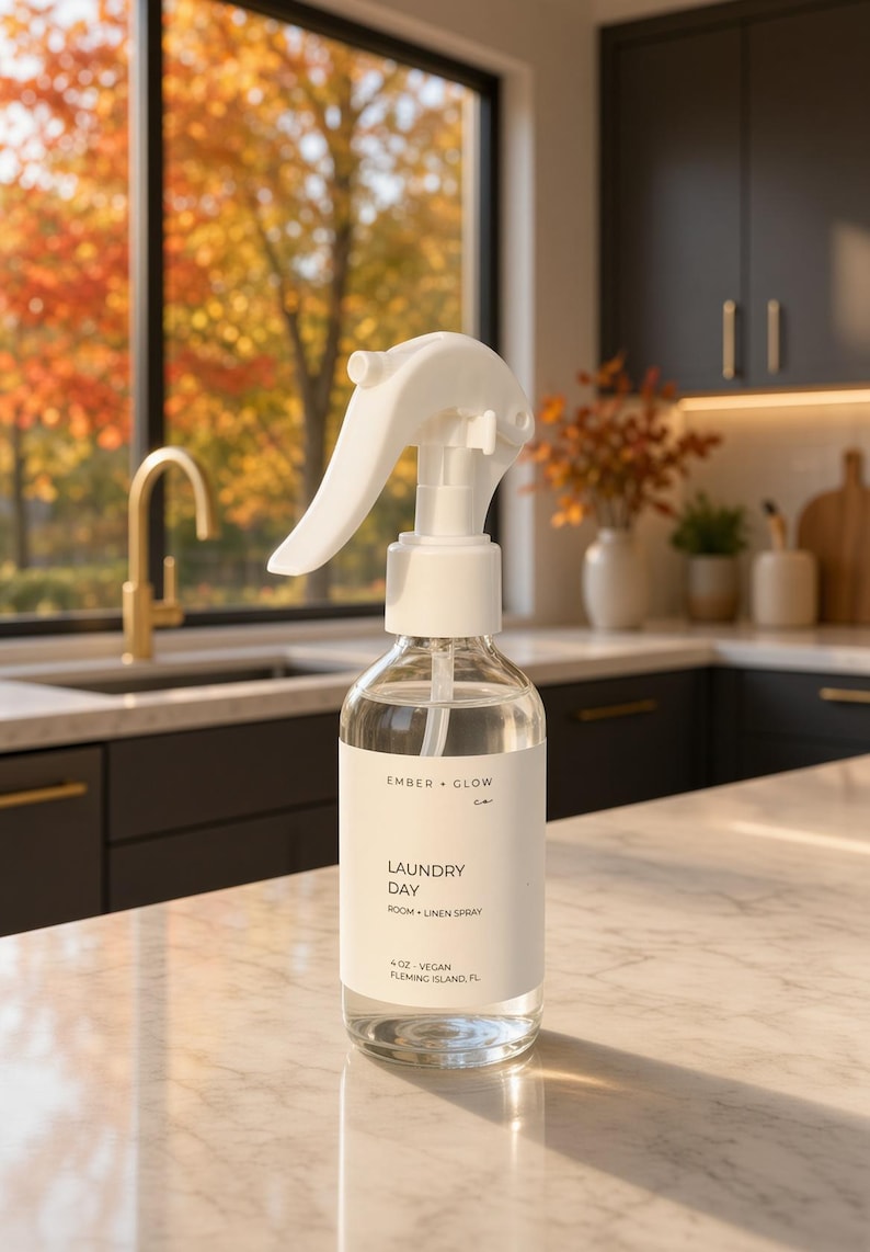May include: A clear glass spray bottle with a white trigger nozzle and a white label. The label reads Ember + Glow, Laundry Day, Room + Linen Spray, 4 oz, Vegan, Fleming Island, FL. The bottle contains a transparent liquid and has a white cap.
