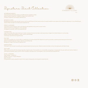 May include: A white informational document titled Signature Scent Collection by Ember Glow Co. The text lists eight distinct fragrance profiles including Afternoon Pomelo, Botanical Oasis, French Lavender, Laundry Day, Tea Time, Sandalwood, Self-Care, and Soleil Luminaire, detailing specific scent notes and essential oil ingredients for each candle variety.